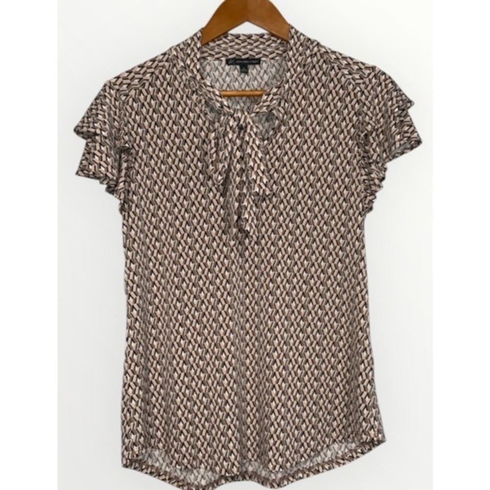 Adrianna Papell Tan Geo Print Stretch Knit Retro Ruffle Sleeve Tie Neck Blouse S